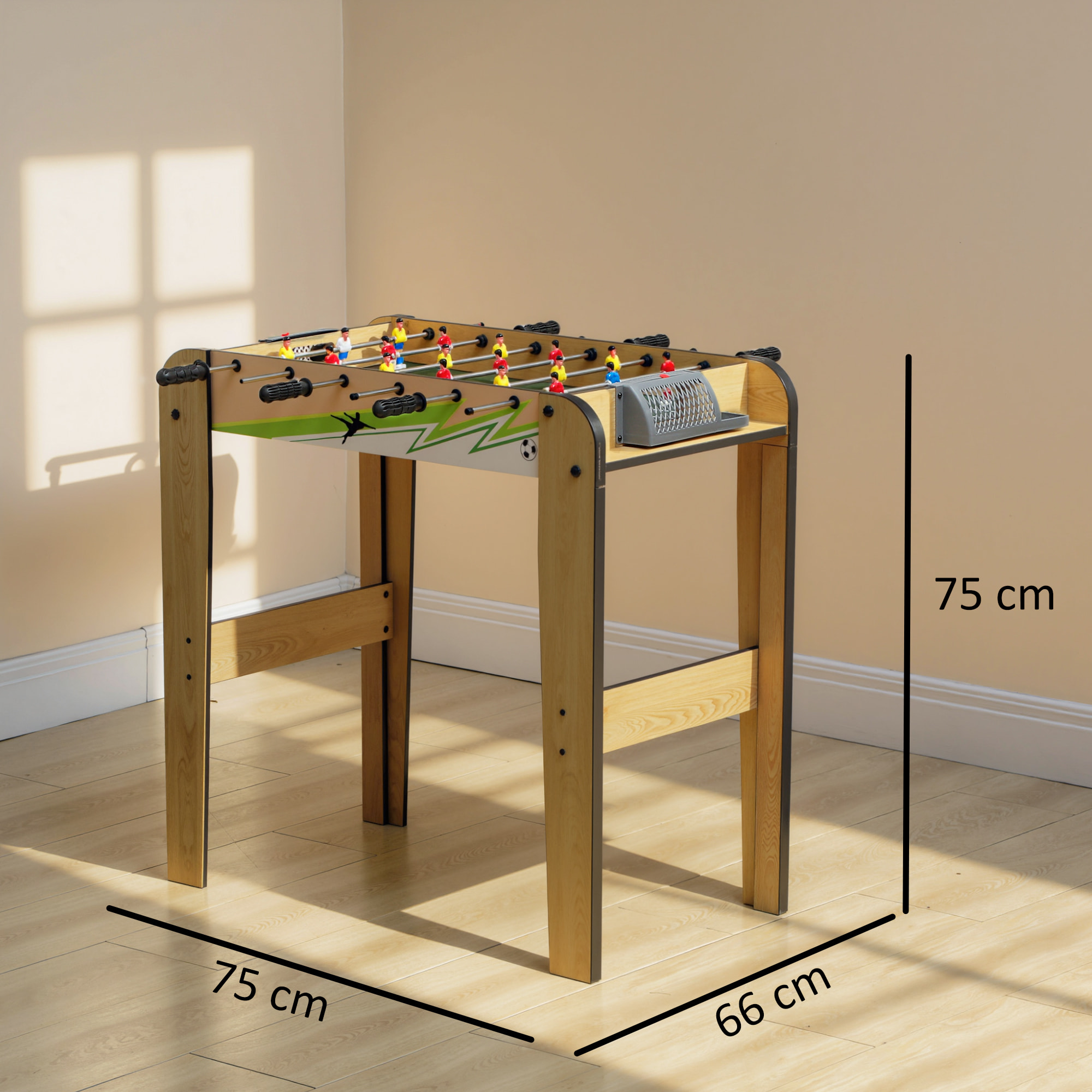 Futbolín para Niños de Madera, Mesa de Futbolín con 2 Marcadores, 6 Asas, 18 Jugadores, 6 Barras y 2 Bolas, Regalo para Adultos, Familias, Fiestas, 75x66x75 cm, Natural