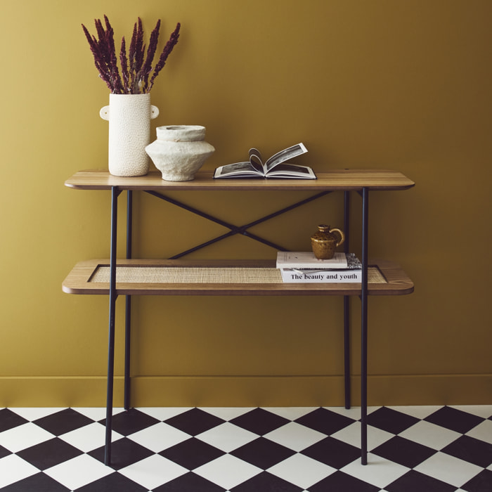 Console vintage 100 cm double plateaux effet bois et cannage. piètement et structure en métal noir