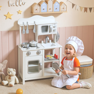 Cocina de Juguete de Madera con Sonido, Cocinita Infantil con Accesorios, Fregadero, Microondas y Fogón, Juguetes para Niños a Partir de 3 Años, 55x24x86 cm, Blanco