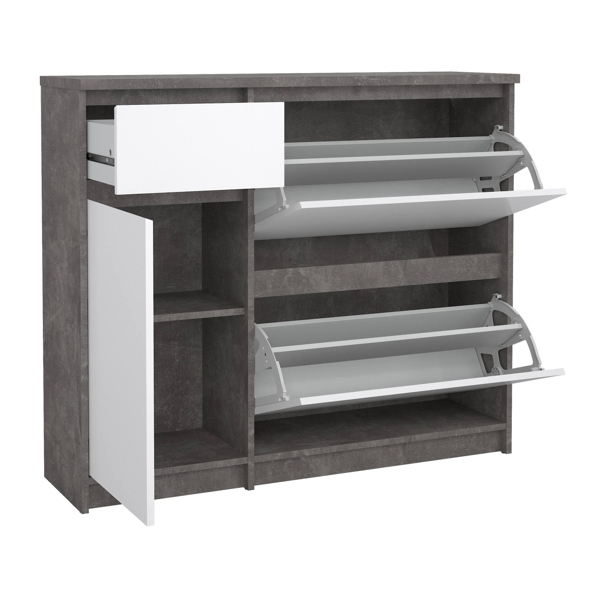 Scarpiera Todd, Mobile portascarpe, Armadio da ingresso multiuso, Mobiletto per calzature, 109x32 h93 cm, Cemento e Bianco lucido