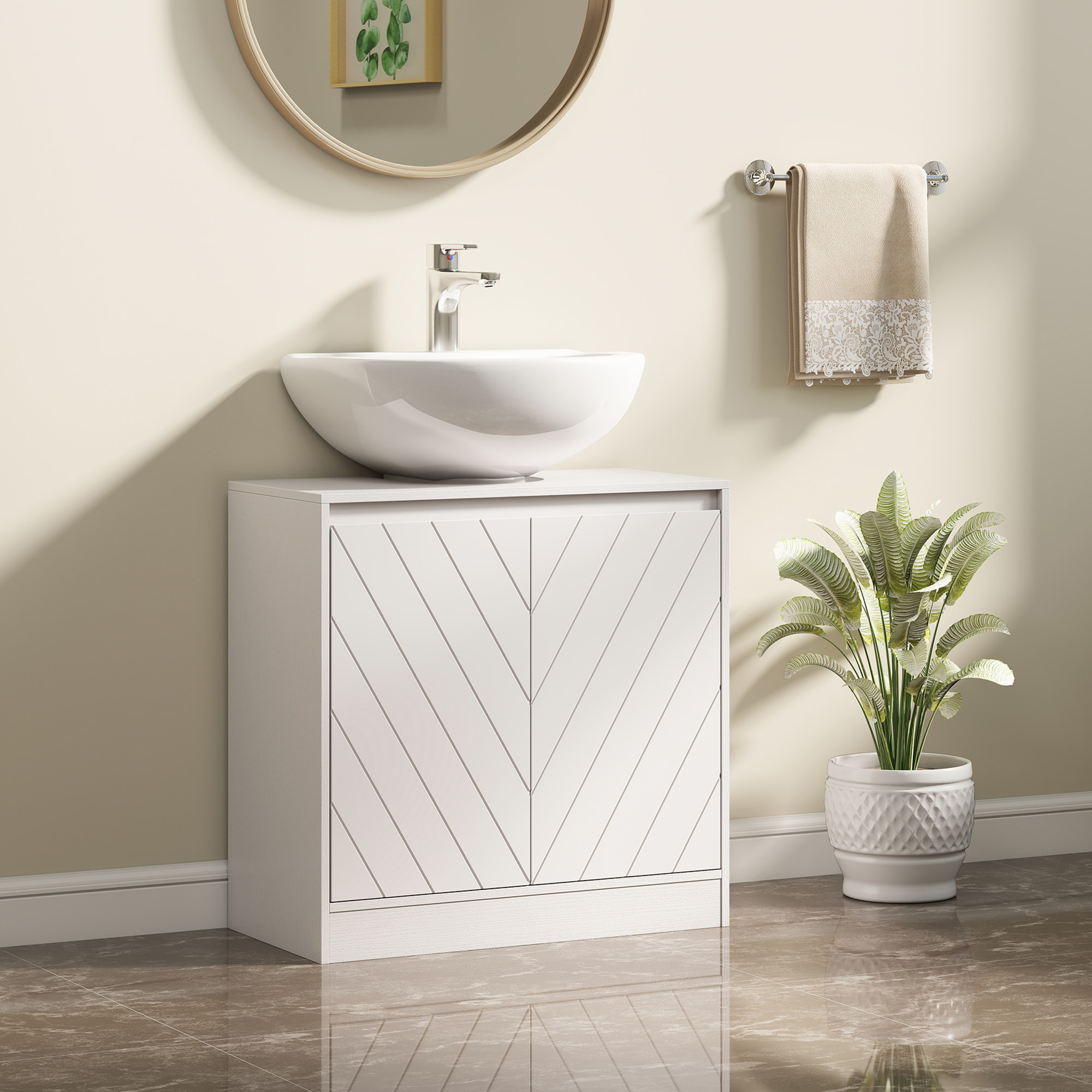 Mueble Bajo Lavabo, Mueble de Baño con 2 Puertas y Estante Ajustable, Armario de Baño para Lavabos con o sin Pedestal, Estilo Vintage, 60x30x59,8 cm, Blanco