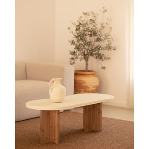 Table basse en microciment de couleur blanc cassé avec des pieds en bois de chêne foncé de 120x40 cm Hauteur: 40 Longueur: 120 Largeur: 50