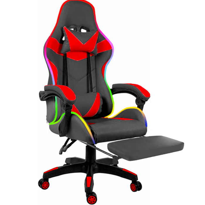 Sedia Gaming Con LED RGB Telecomando Poltrona Ufficio Scrivania Casa PC Racing Girevole Ergonomica Ecopelle Cuscino Lombare Poggiapiedi Nero Rosso