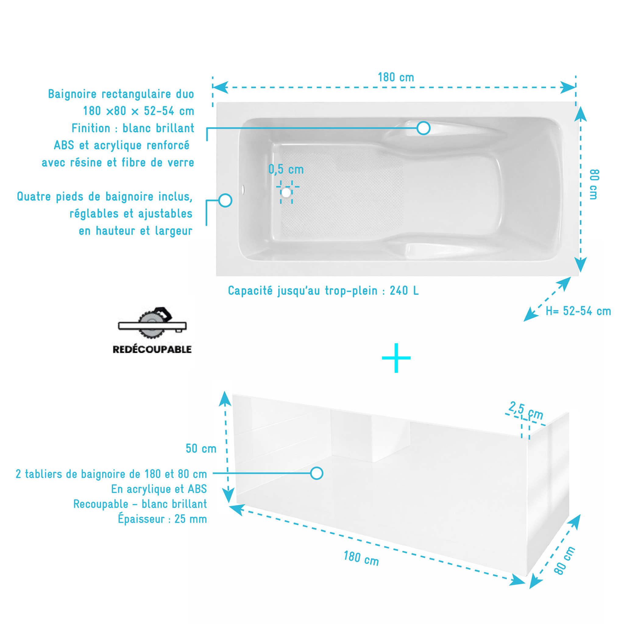 Pack Baignoire 180x80cm avec Zone Douche et Tabliers recoupables de 180 et 80cm Blanc Brillant - MAE