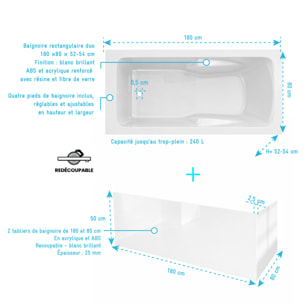 Pack Baignoire 180x80cm avec Zone Douche et Tabliers recoupables de 180 et 80cm Blanc Brillant - MAE