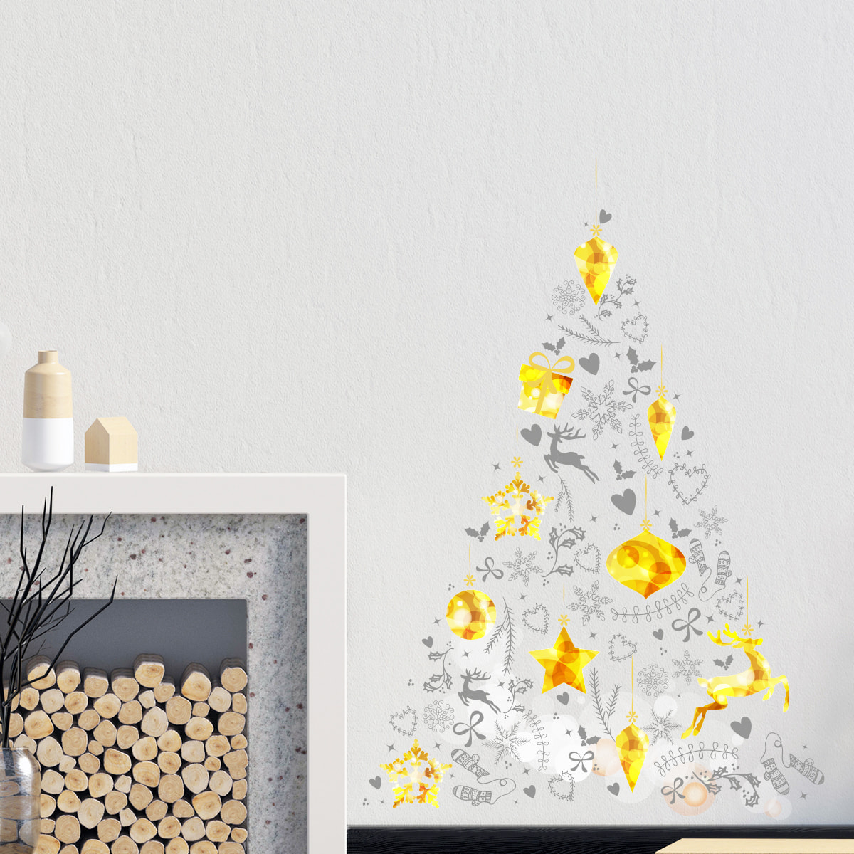 Sticker Noël sapin de noël doré et gris - Autocollants stickers adhésifs noël - décoration fêtes