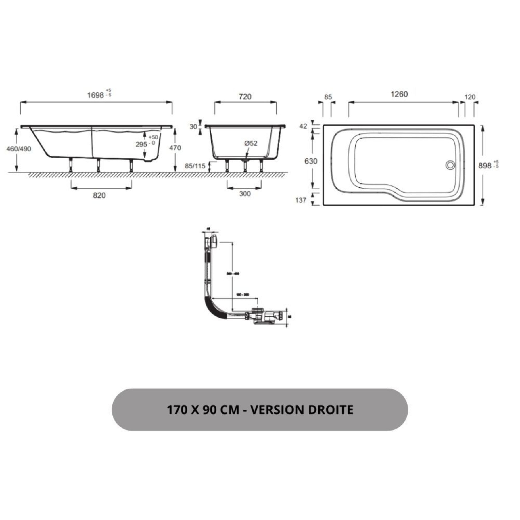 Pack baignoire bain douche 170 x 90 Malice version droite blanc mat + tablier en angle + pare bain + étagère