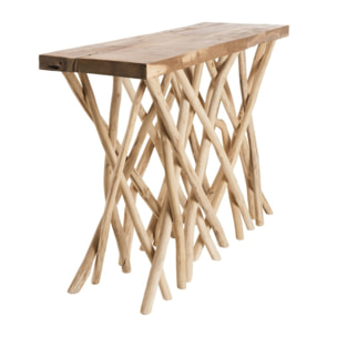 CLARA - Console bois nature plateau rectangulaire Teck - pieds bois flotté