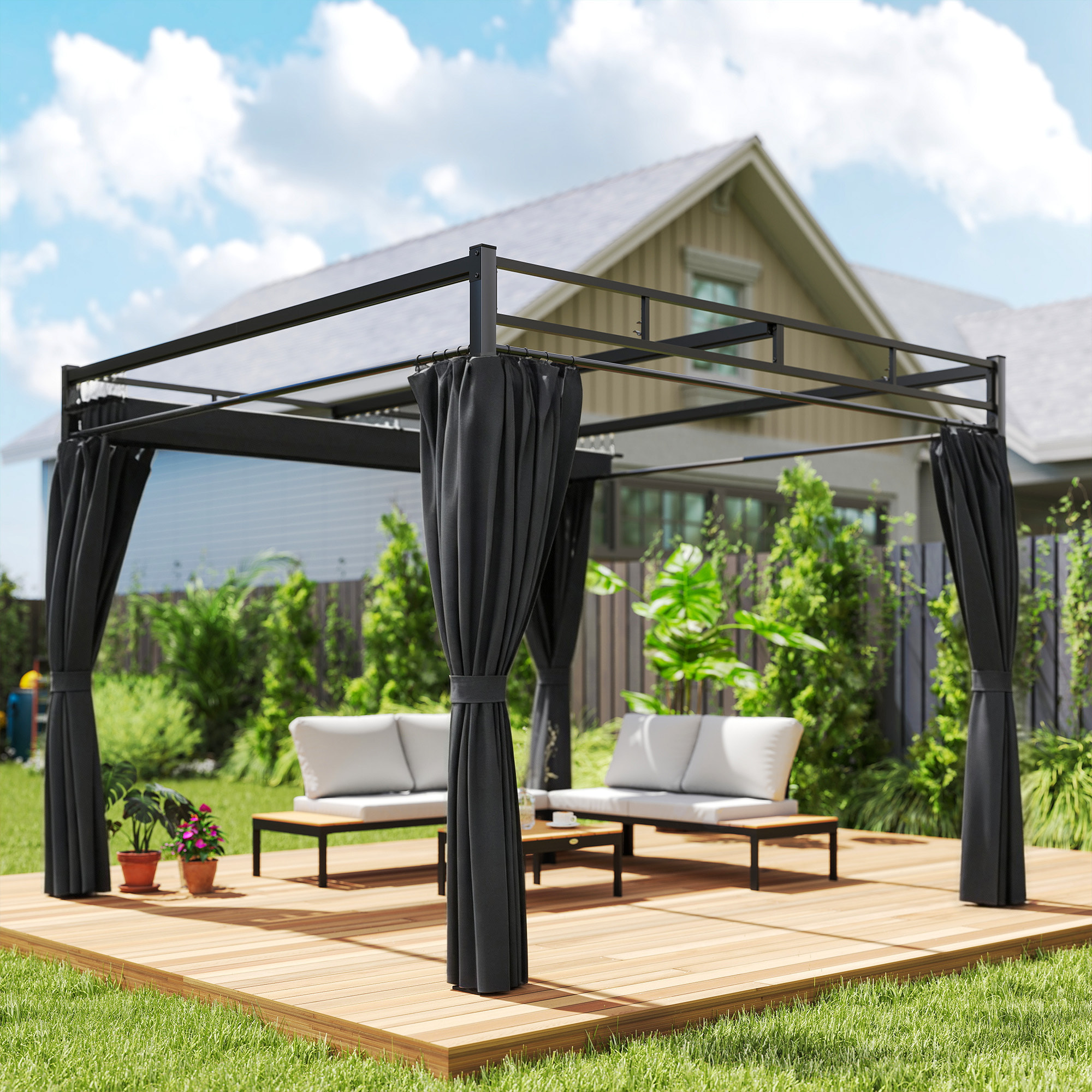 Pérgola de Jardín 3x3 m con Techo Retráctil y 4 Cortinas, Cenador de Jardín con Protección UV30+, Impermeable, Estructura Metálica, Pabellón para Patio, Terraza, Exterior, Gris Oscuro