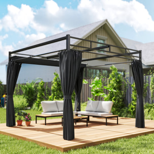 Pérgola de Jardín 3x3 m con Techo Retráctil y 4 Cortinas, Cenador de Jardín con Protección UV30+, Impermeable, Estructura Metálica, Pabellón para Patio, Terraza, Exterior, Gris Oscuro