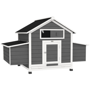 Gallinero para Exterior Gallinero de Madera para 2-4 Gallinas con 2 Nidos Bandeja Extraíble Techo Abatible 150x100x96,5 cm Gris y Blanco