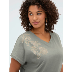 Fiorella Rubino - T-shirt in cotone con applicazione floreale - Verde militare