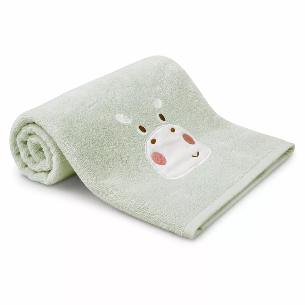 Drap de douche enfant pur coton 500 g/m² brodé vert Petit hippo vert d'eau