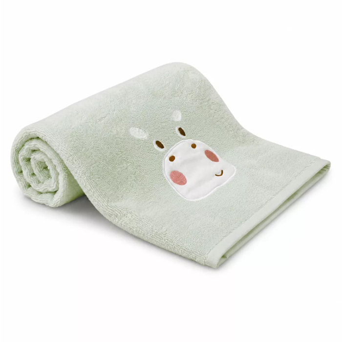 Drap de douche enfant pur coton 500 g/m² brodé vert Petit hippo vert d'eau