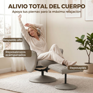 Sillón Relax Reclinable con Reposapiés, Sillón Relax de Cuero Sintético con Respaldo Alto, Giratorio 360°, Reposabrazos, para Salón, Dormitorio, Beige Gris