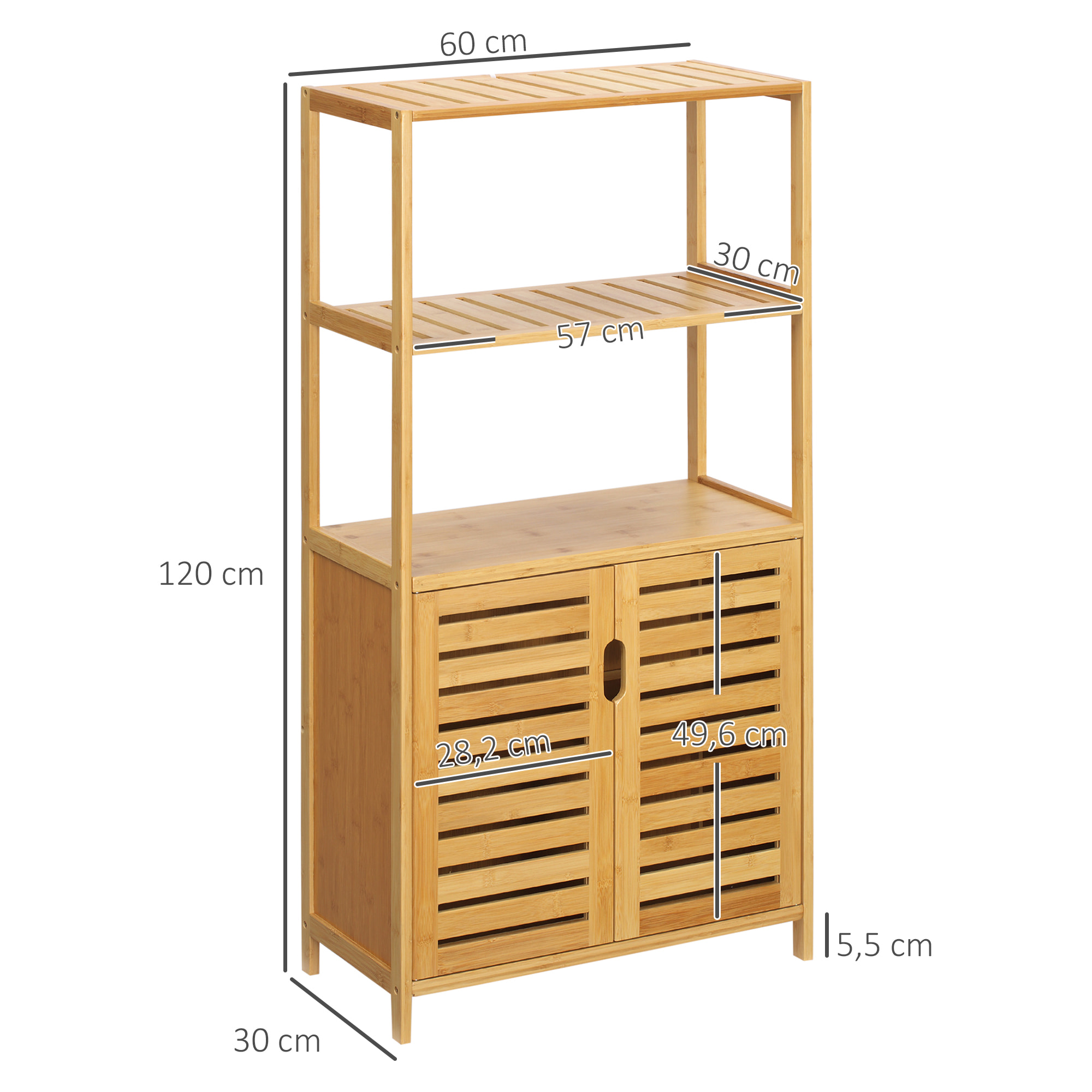 Meuble salle de bain bois bambou 2 portes 3 étagères dim. 60 x 30 x 120 cm naturel