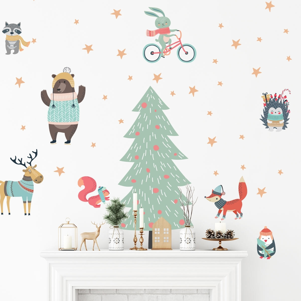 Stickers Noël sapin et animaux scandinaves - Autocollants stickers adhésifs noël - décoration fêtes