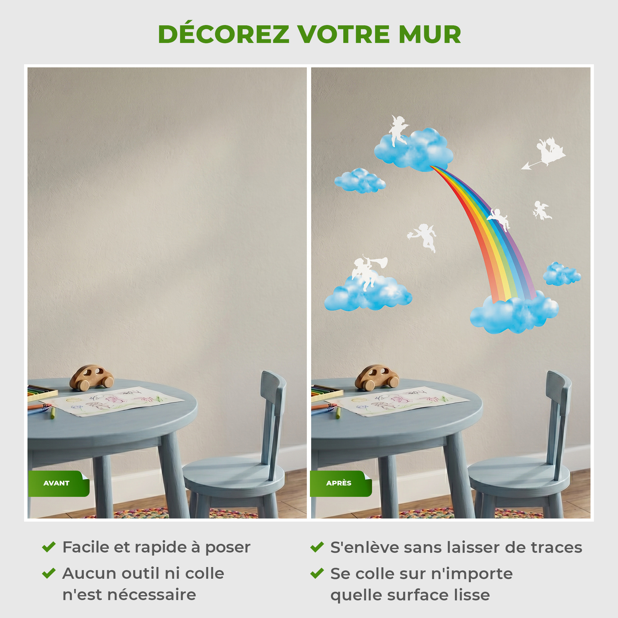 Stickers Muraux décoration adhésifs Arc-en-ciel et Anges