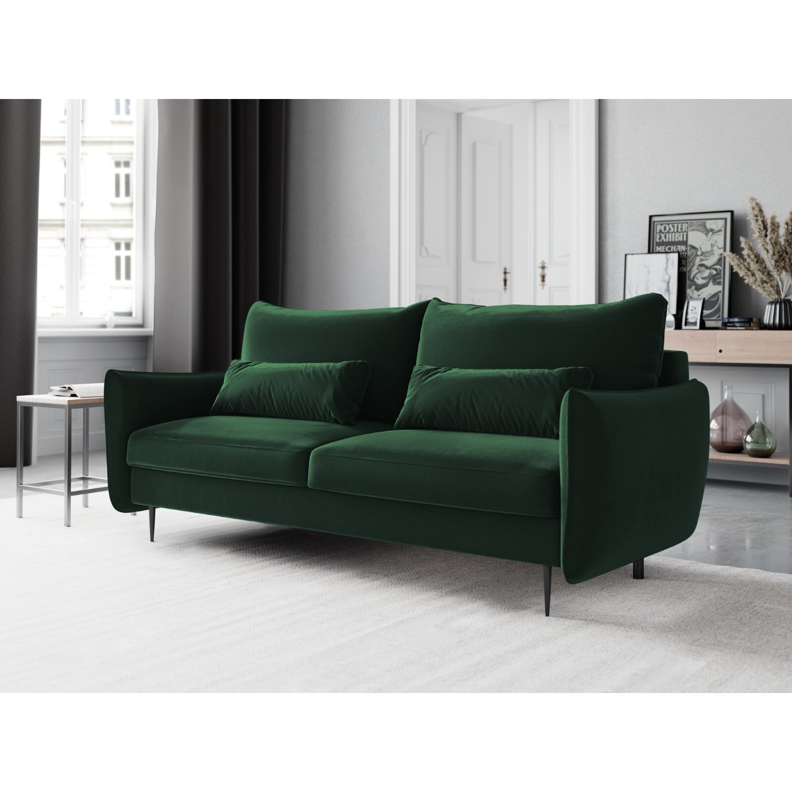 Canapé convertible avec coffre de rangement "Vermont" 3 places en velours vert bouteille