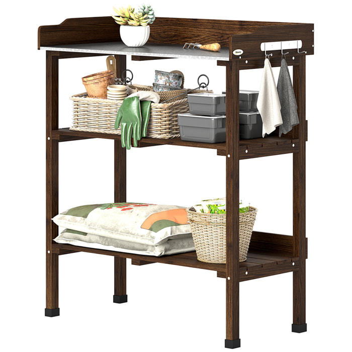 Mesa de Plantación de Madera de 3 Niveles, Mesa de Jardinería con Placa Metálica, 2 Estantes y Ganchos, Resistente a la Intemperie, para Jardín, Terraza, Balcón, 76x37x89 cm, Carbonizado