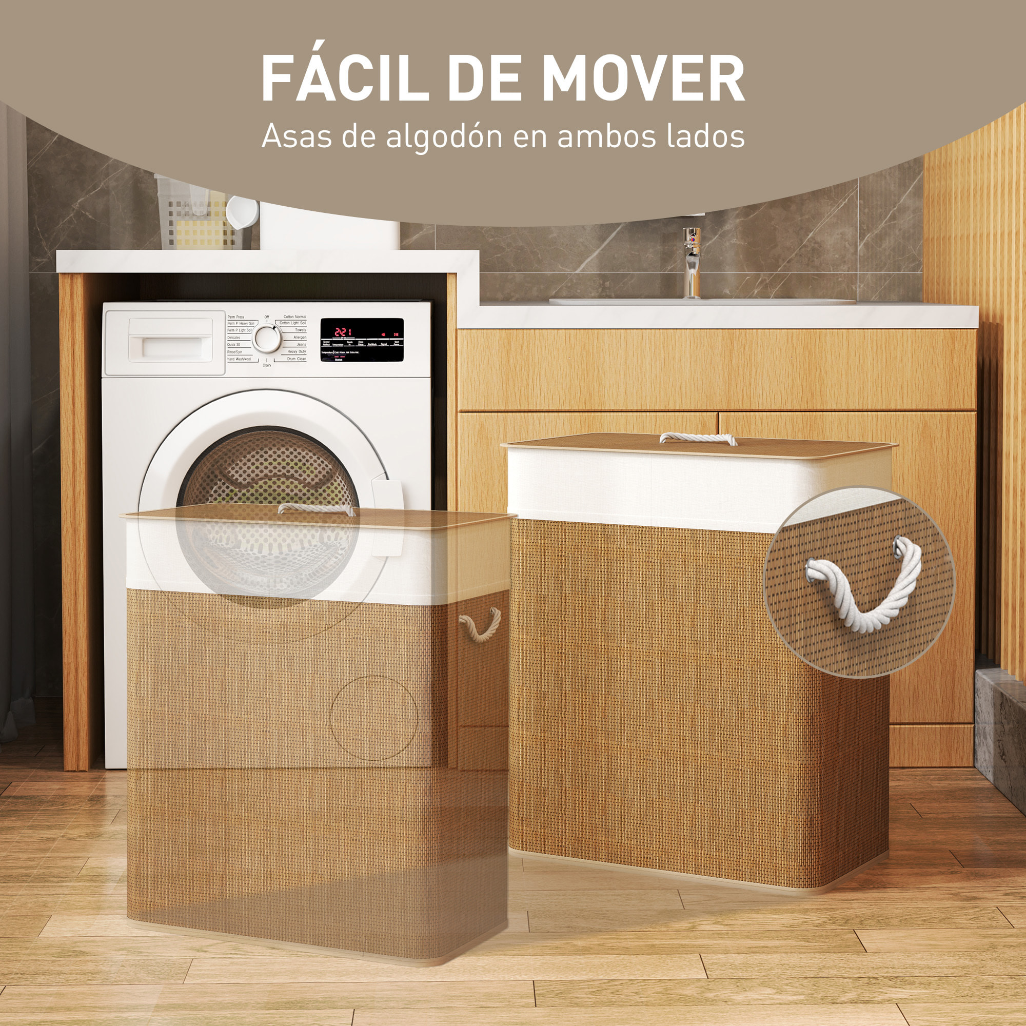 Cesto de Ropa Sucia con Tapa 100L Cesta Colada de Bambú con 2 Compartimentos Bolsa Interior Extraíble para Lavandería Dormitorio 52x32x63 cm Marrón