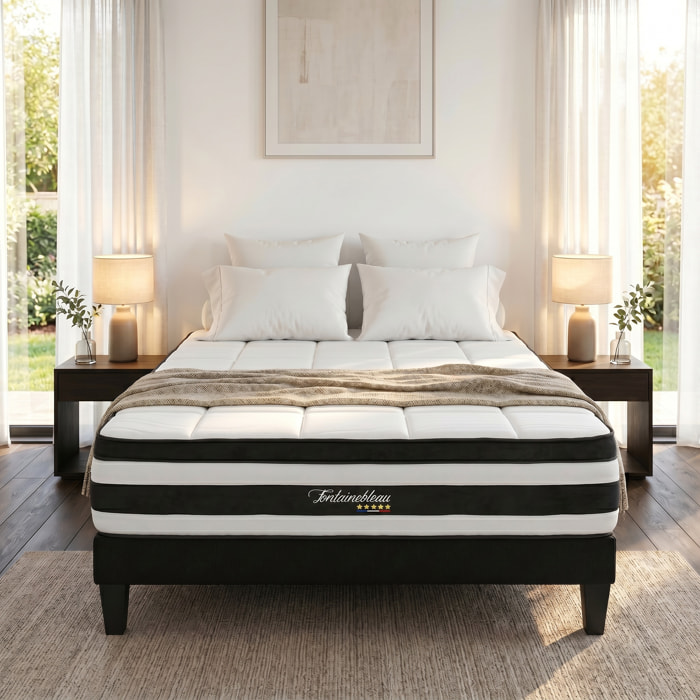 Ensemble Matelas Fontainebleau & Sommier KIT15, 25 cm, Ressorts Ensachés et Mousse polyuréthane, technologie Tri-Lattes, Soutien Ferme