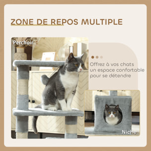 Arbre à chat H.81cm niche 3 griffoirs 2 plateformes jeu boule suspendue gris