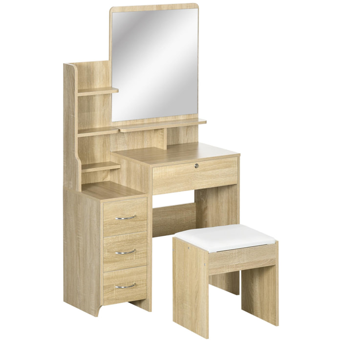 Ensemble coiffeuse tabouret design contemporain multi-rangement 4 tiroirs 4 étagères grand miroir aspect chêne clair blanc