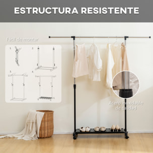Tendedero Extensible con Ruedas, Tendedero de Ropa con Barra de Acero Inoxidable y Estante para Zapatos, Altura Ajustable, para Interior, Negro y Plata