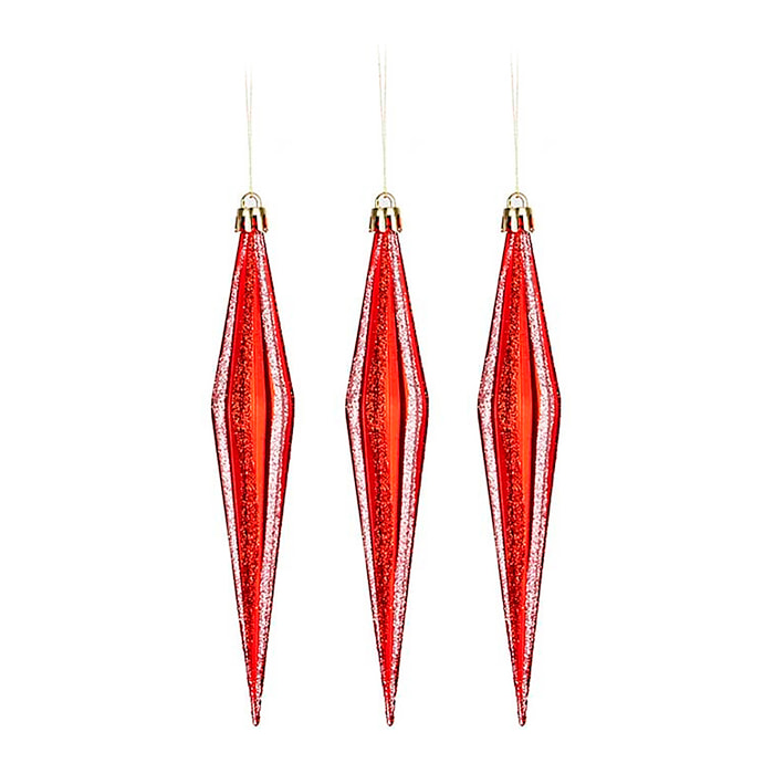 Set di 3 ornamenti natalizi allungati di 17 cm nei colori rosso e rosa chiaro.
