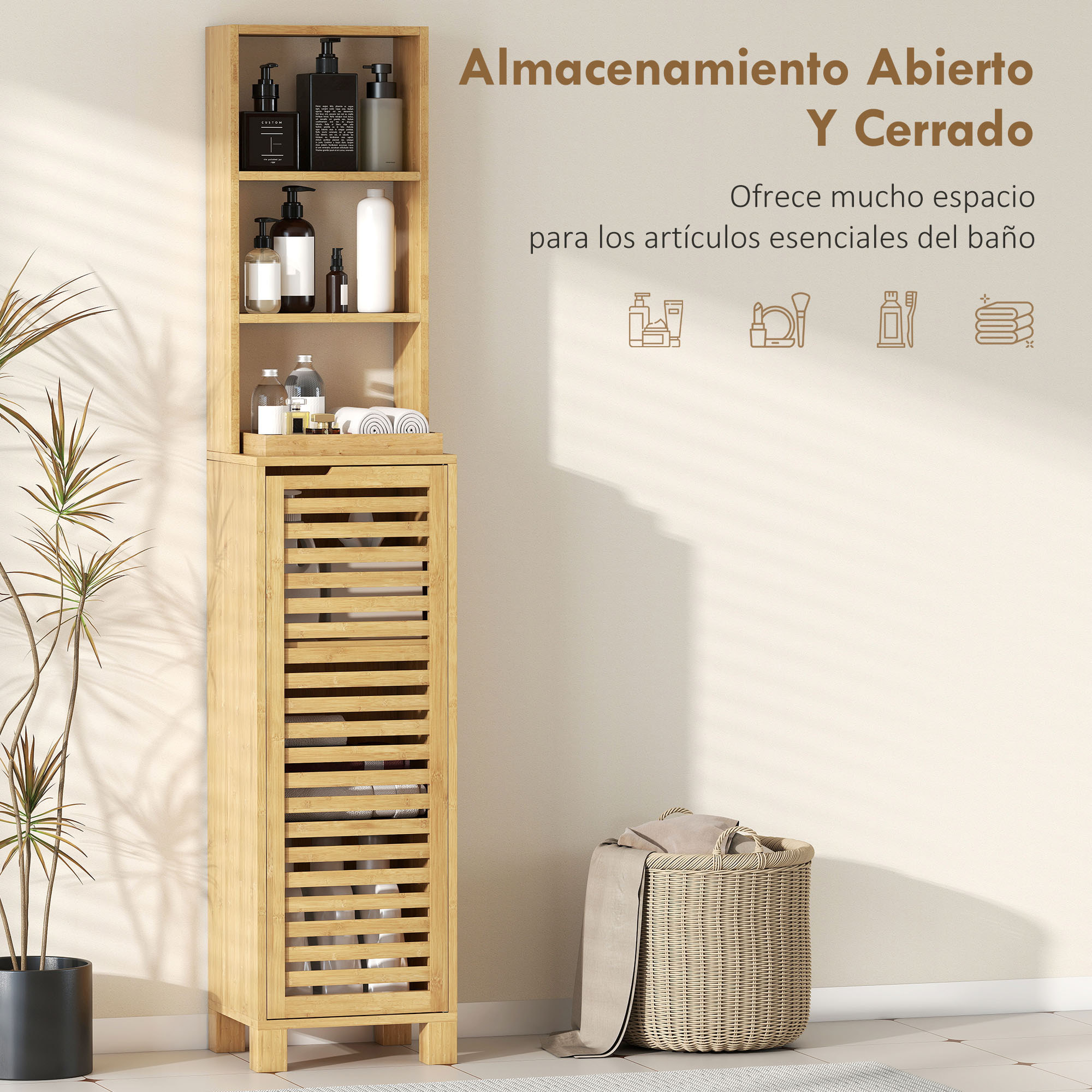 Armario de Baño Alto de Bambú, Columna de Baño Estrecha con 3 Estantes Abiertos, Puerta de Lamas, Estantes Ajustables, 34x30x170 cm, Natural