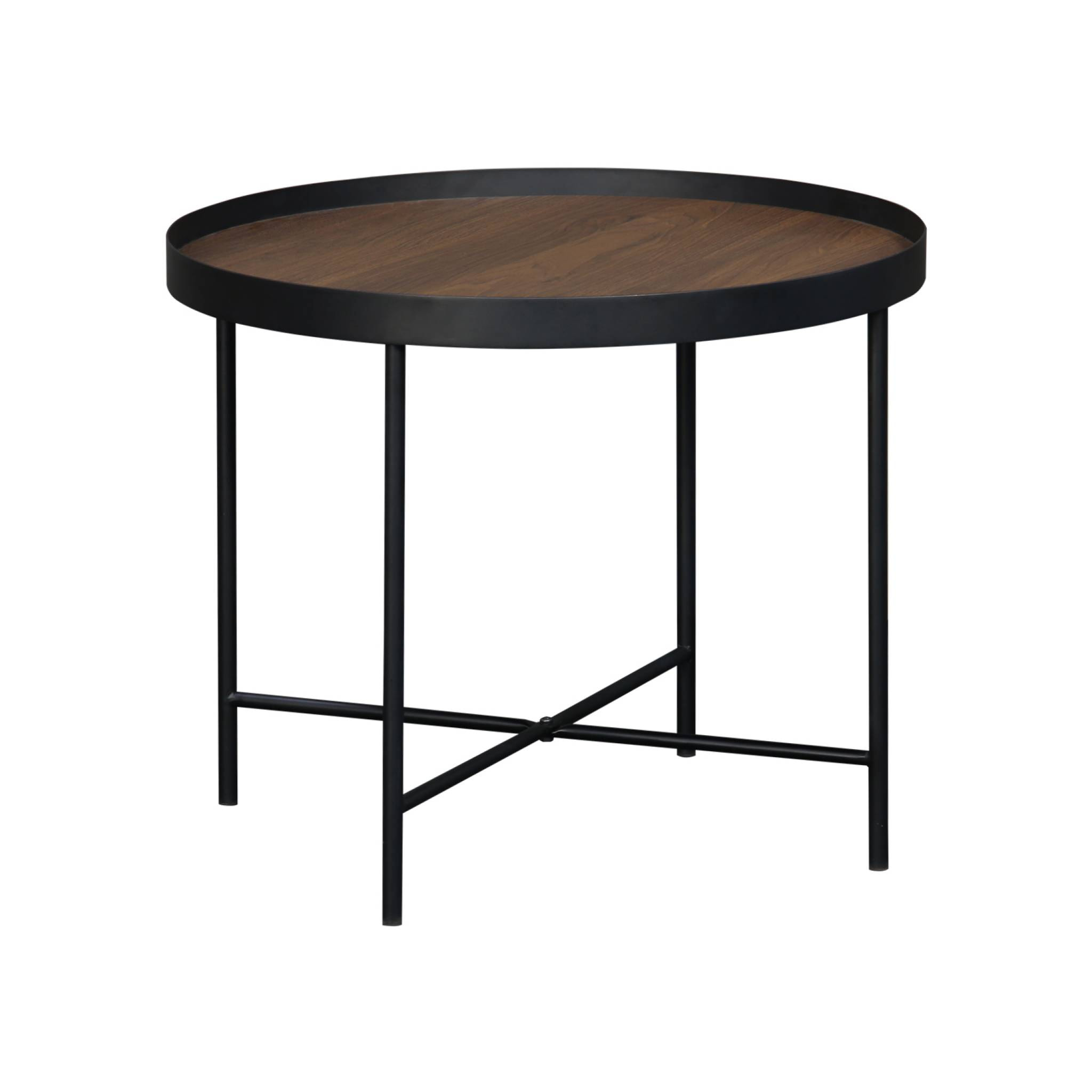 Set de 2 tables gigognes rondes pratiques en MDF effet bois de noyer avec pieds noirs