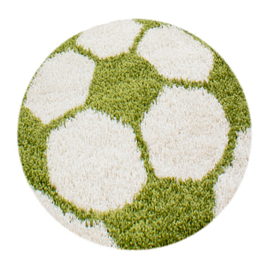 FUN - Tapis enfant shaggy rond à poils long motif ballon de foot vert