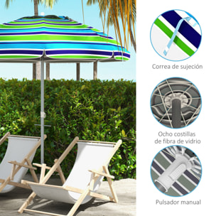Sombrilla de Playa Ø178x205 cm Parasol para Terraza con Reclinación 45° Altura Ajustable Apertura Manual Anti-UV Impermeable y Bolsa de Transporte para Jardín Piscina Multicolor
