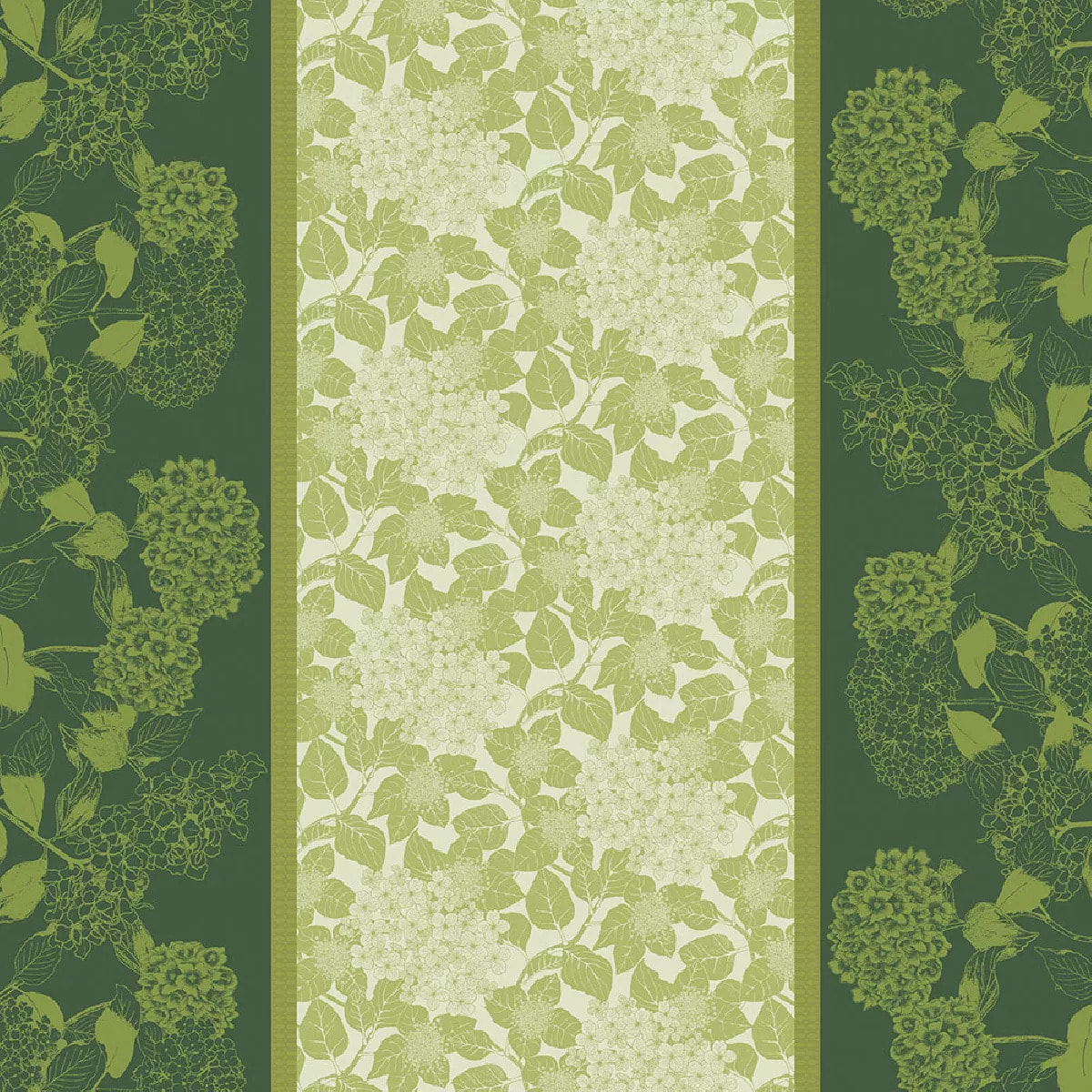 Nappe pur coton enduit motif jacquard vert Mille hortensias vert