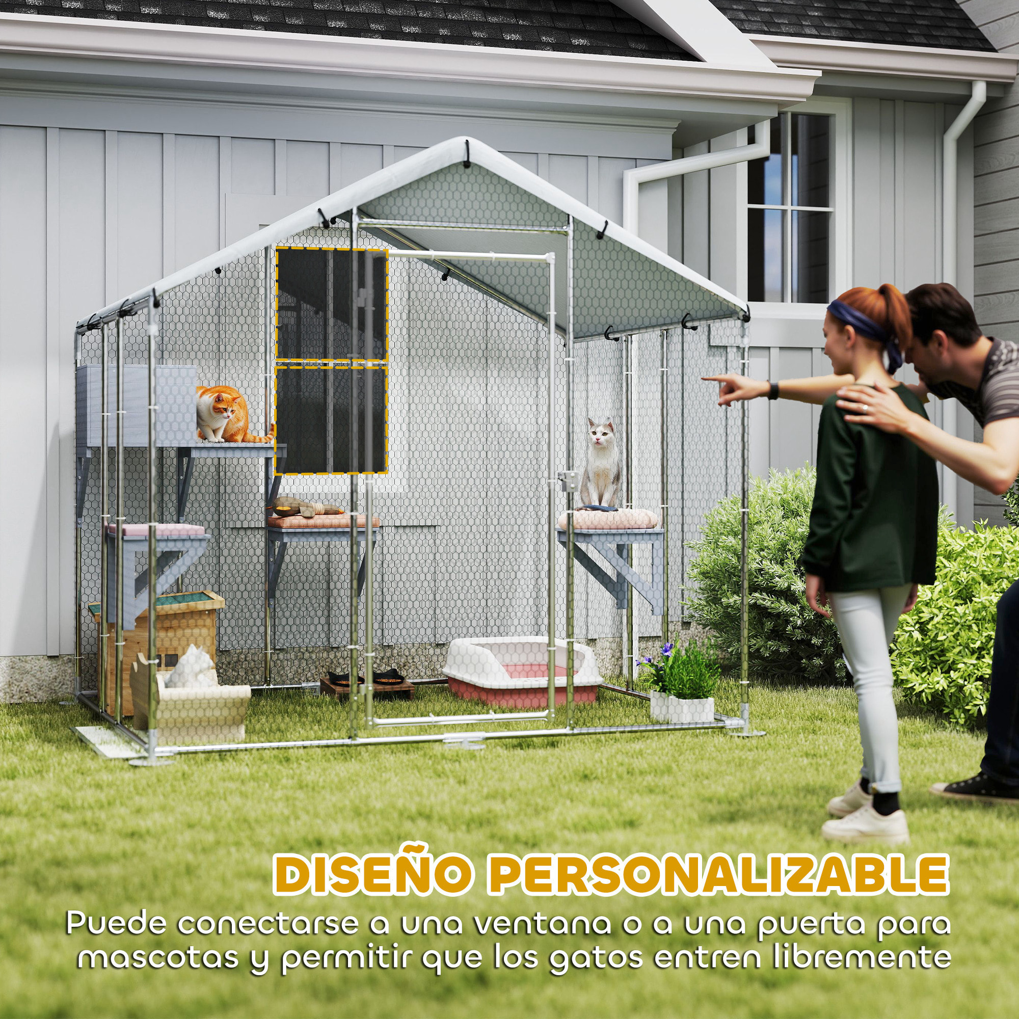 Jaula para Gatos para Exterior Recinto para Gatos con Cubierta Impermeable 420D Plataformas y Condominio para 5 Gatos Refugio para Pollos Conejos 200x170x195 cm Plata