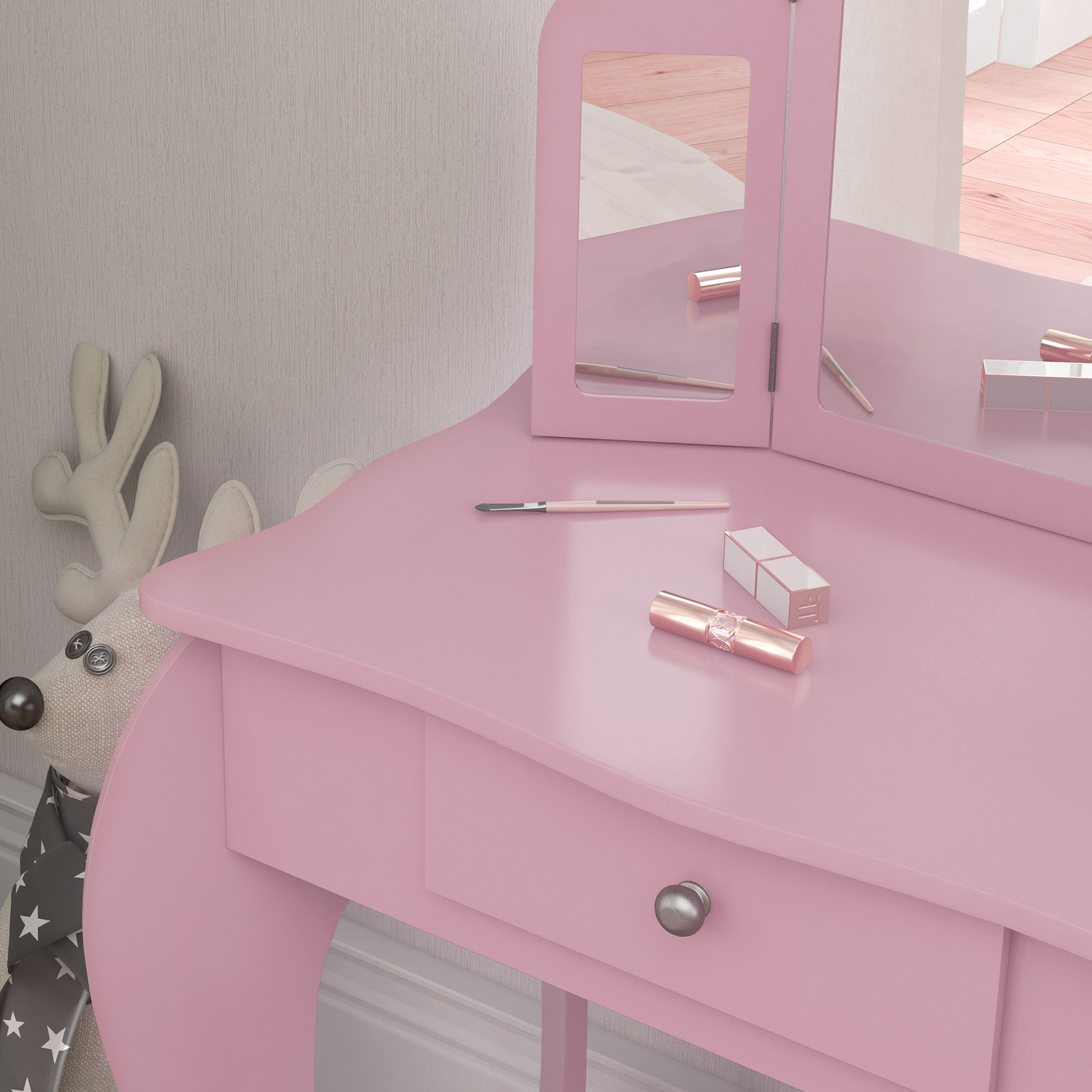 Tocador Infantil con Taburete y Espejo Ajustable, Tocador para Niñas con Cajón, Mesa de Maquillaje para Niños y Niñas de 3-6 Años, Rosa