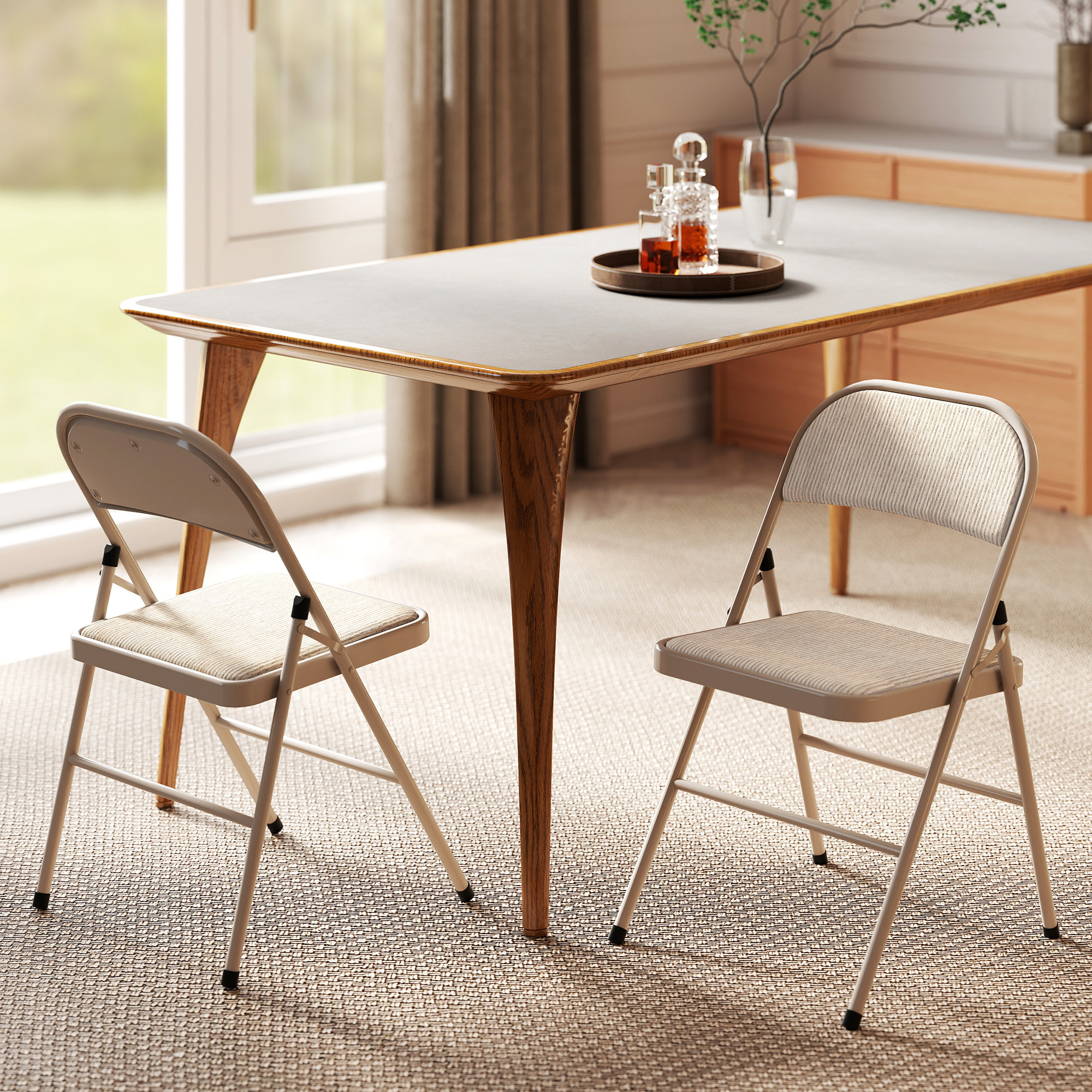 Juego de 2 Sillas Plegables Acolchadas con Respaldo y Estructura de Acero, para Salón, Comedor, Cocina, 45x46x78 cm, Beige