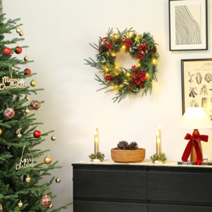 Couronne de Noël LED x 35 blanc chaud dia. 60 cm timer pommes de pin baies rouges feuilles houx