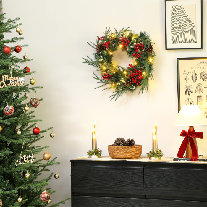 Couronne de Noël LED x 35 blanc chaud dia. 60 cm timer pommes de pin baies rouges feuilles houx