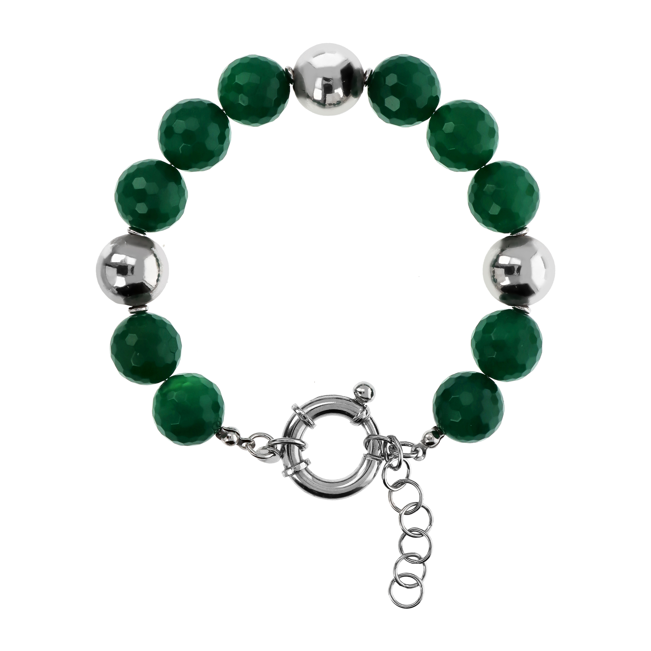 Bracciale di Sfere Argentate e in Pietra Naturale Agata Verde in Argento 925 placcato Rodio