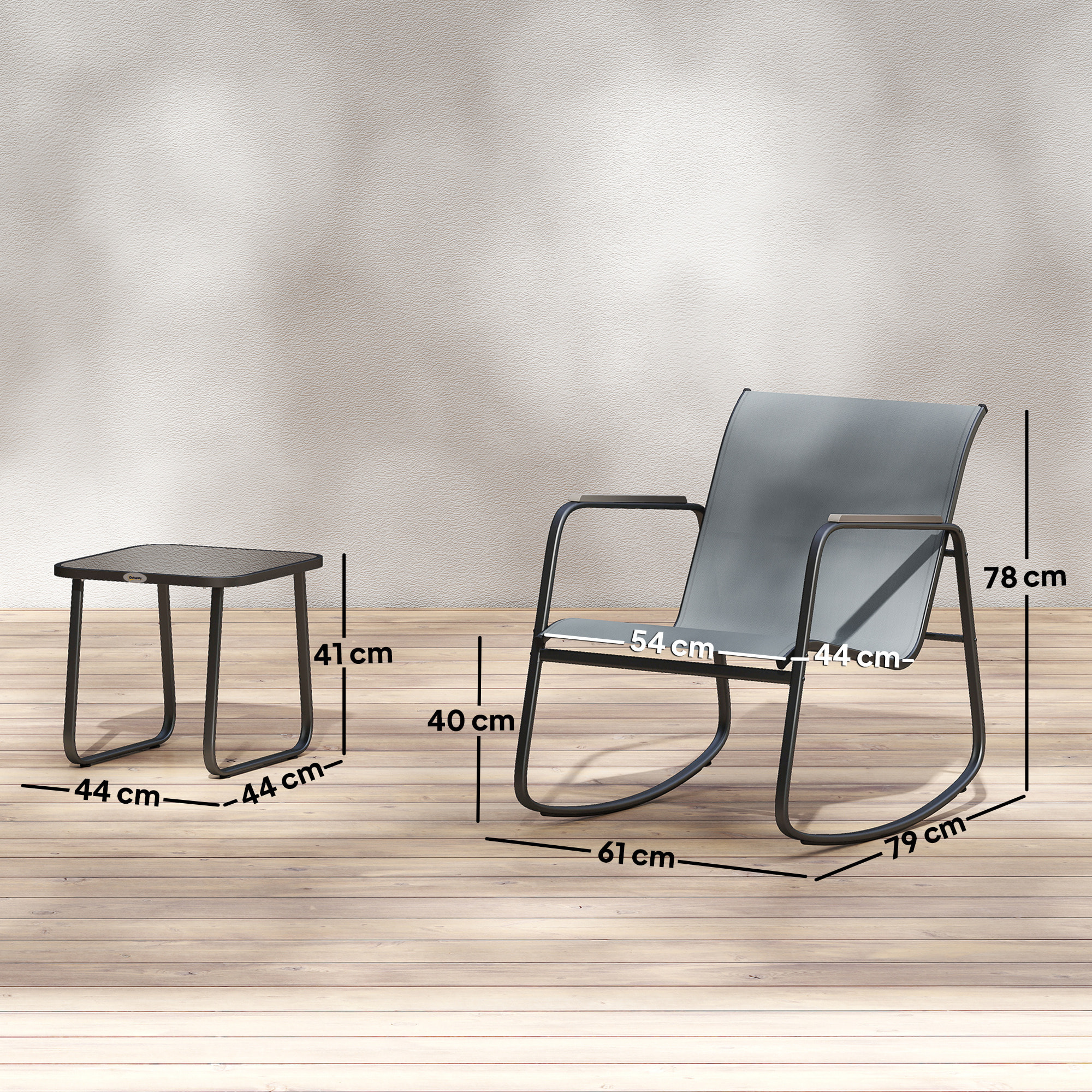 Conjunto de Mesa y Sillas de Terraza Exterior de 3 Piezas, Muebles de Jardín Exterior con 2 Sillas Mecedoras, Mesa con Encimera de Vidrio y Estructura de Acero, para Patio, Balcón, Gris