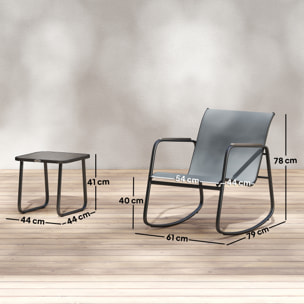 Conjunto de Mesa y Sillas de Terraza Exterior de 3 Piezas, Muebles de Jardín Exterior con 2 Sillas Mecedoras, Mesa con Encimera de Vidrio y Estructura de Acero, para Patio, Balcón, Gris