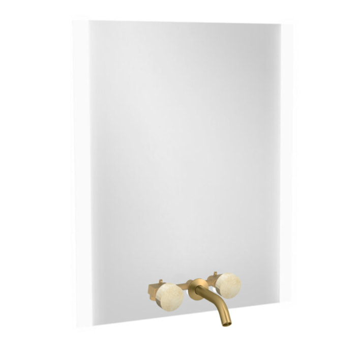 Miroir 3 trous 80 cm + mélangeur lavabo encastré 3 trous Grands Boulevards marbré travertin sable et laiton brossé