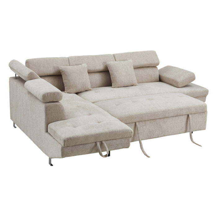 Margaux - Canapé d'angle gauche 5 places convertible avec coffre et têtières réglables en velours texturé - Beige