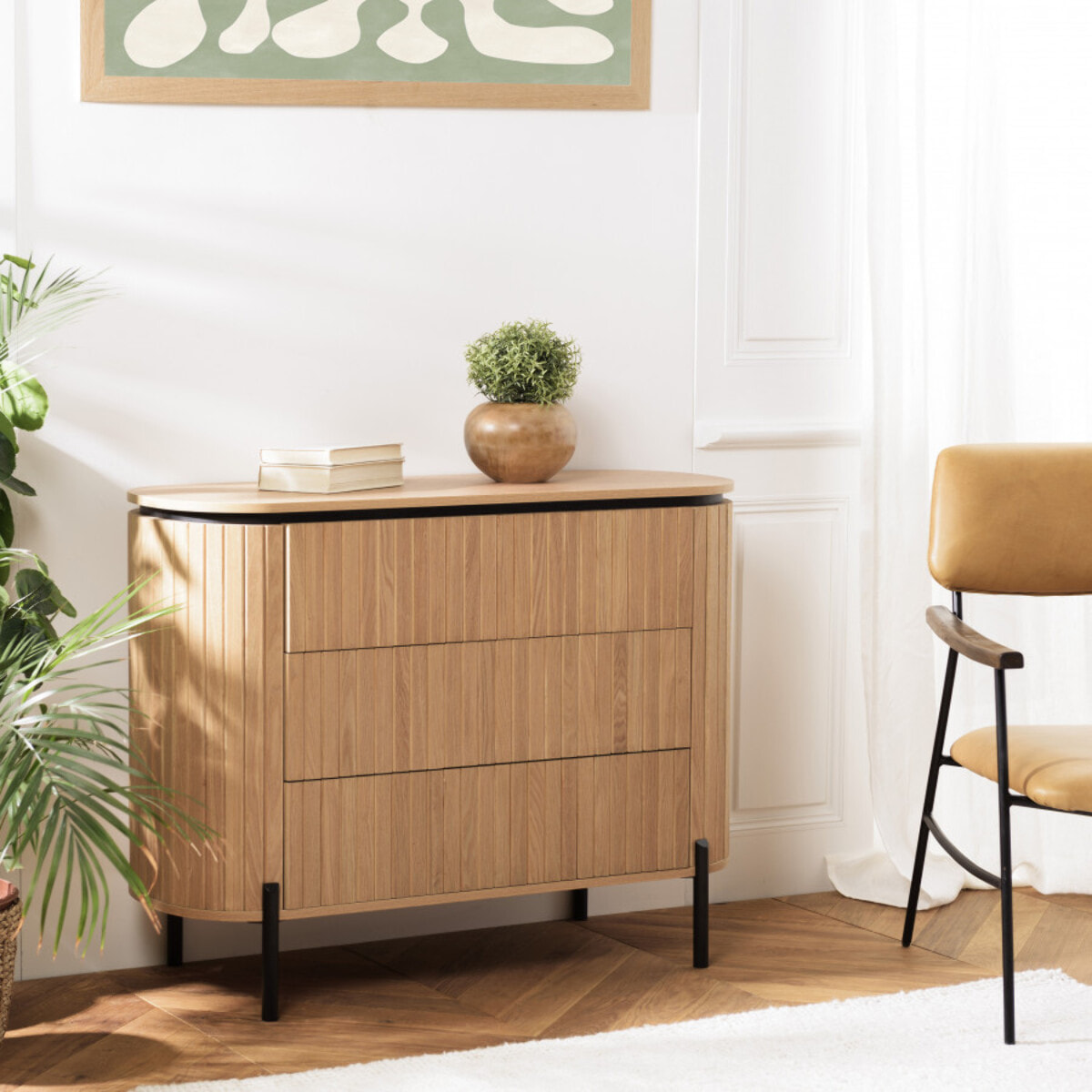 CHARLIE - Commode marron 3 tiroirs style rétro Pin pieds métal noir