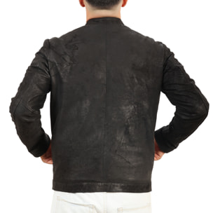 Giubbino in pelle di vitello rifinizione dakota Nero-Slim Fit