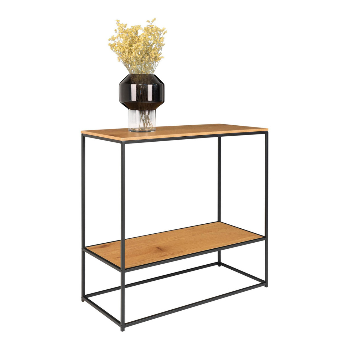 Consolle Vita a 2 ripiani effetto rovere con struttura in acciaio nero, 80×36×80 cm