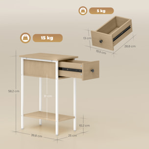 Mesa Auxiliar Estrecha Mesita Auxiliar Industrial con Cajón Estante Abierto y Estructura Metálica para Salón Dormitorio 25x39,8x58,2 cm Natural