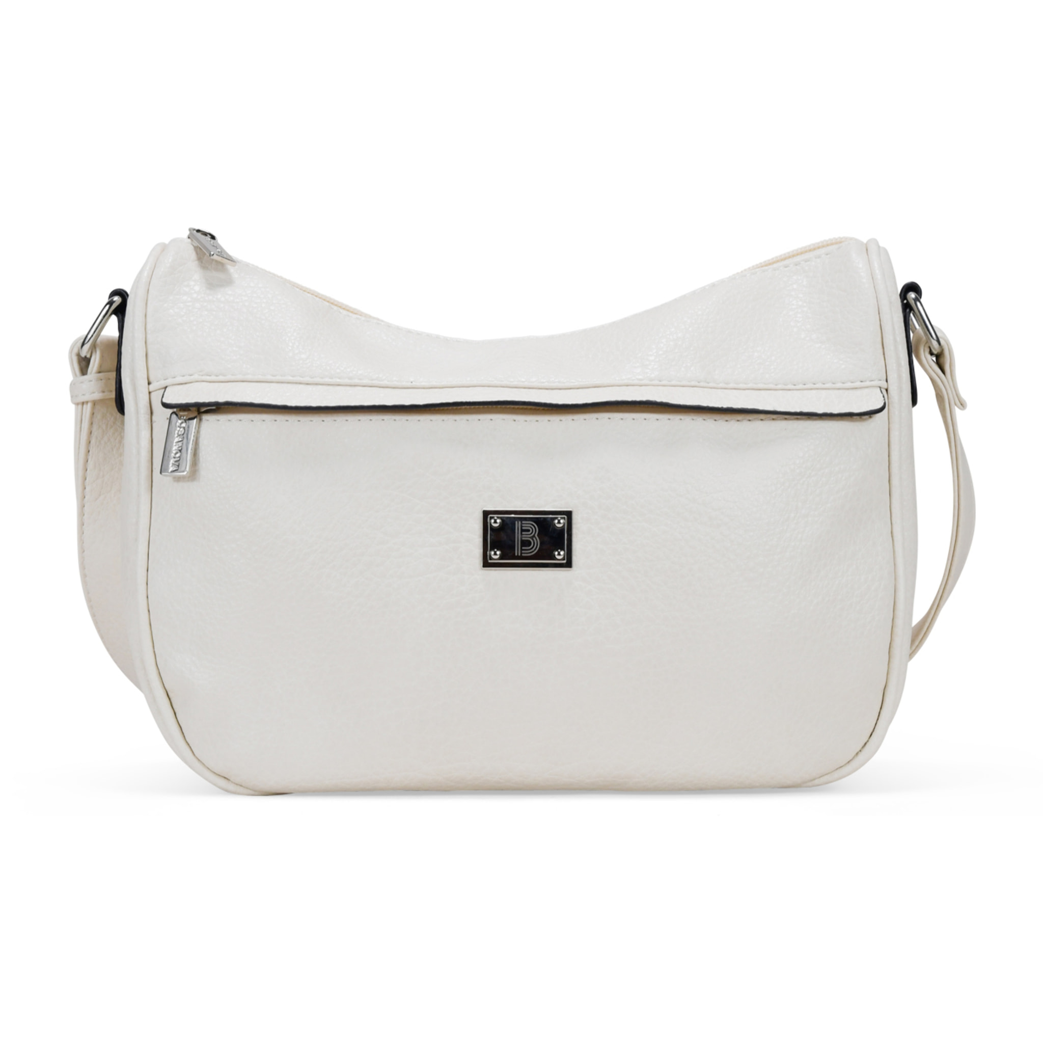 Bolso bandolera beige con bolsillo frontal y logo